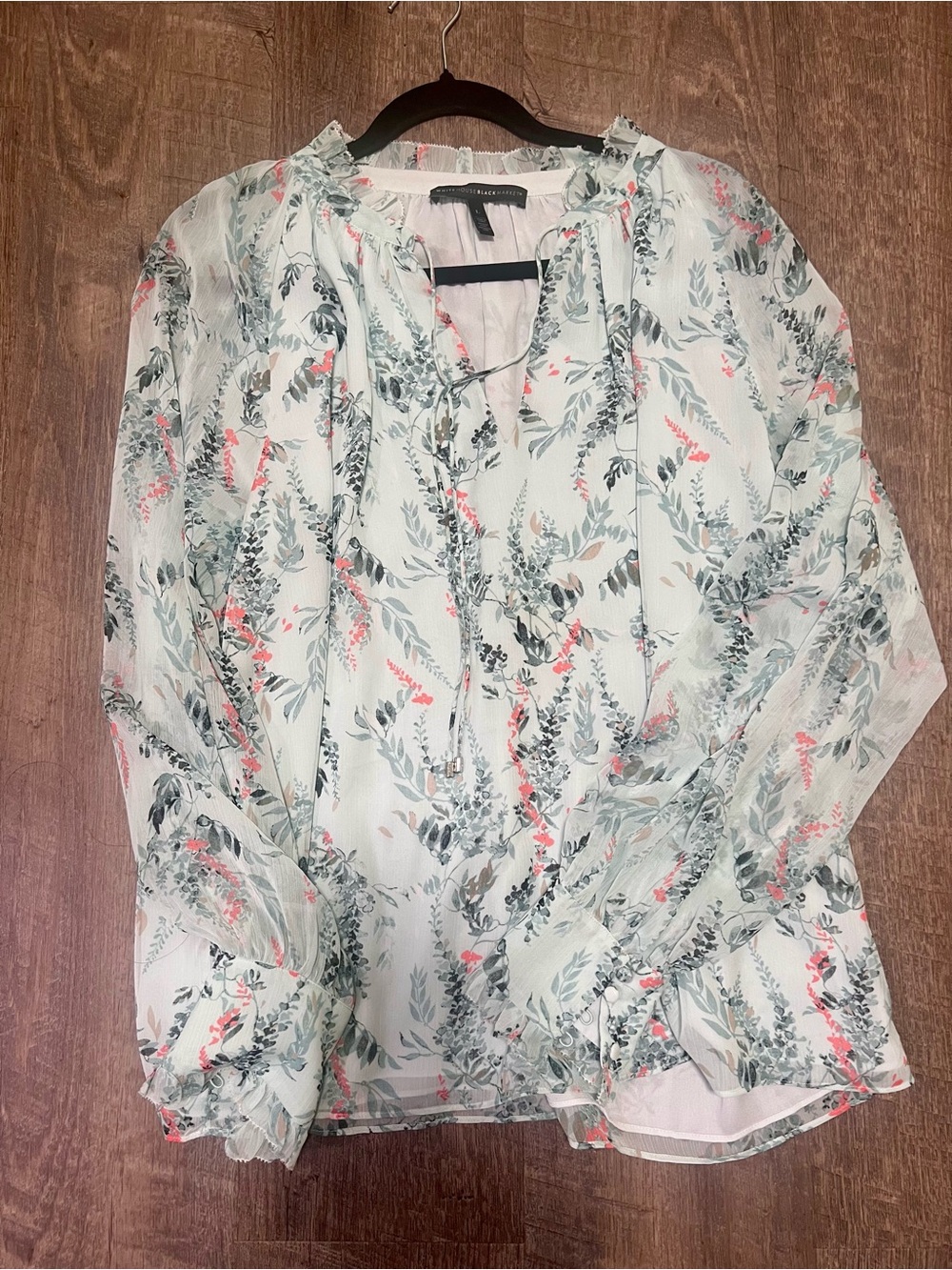 White House Black Market Light Blue Floral Tie-Neck Blouse